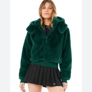 ALO Yoga Foxy Fur Jacket Hoodie Dark Emerald Green Size L